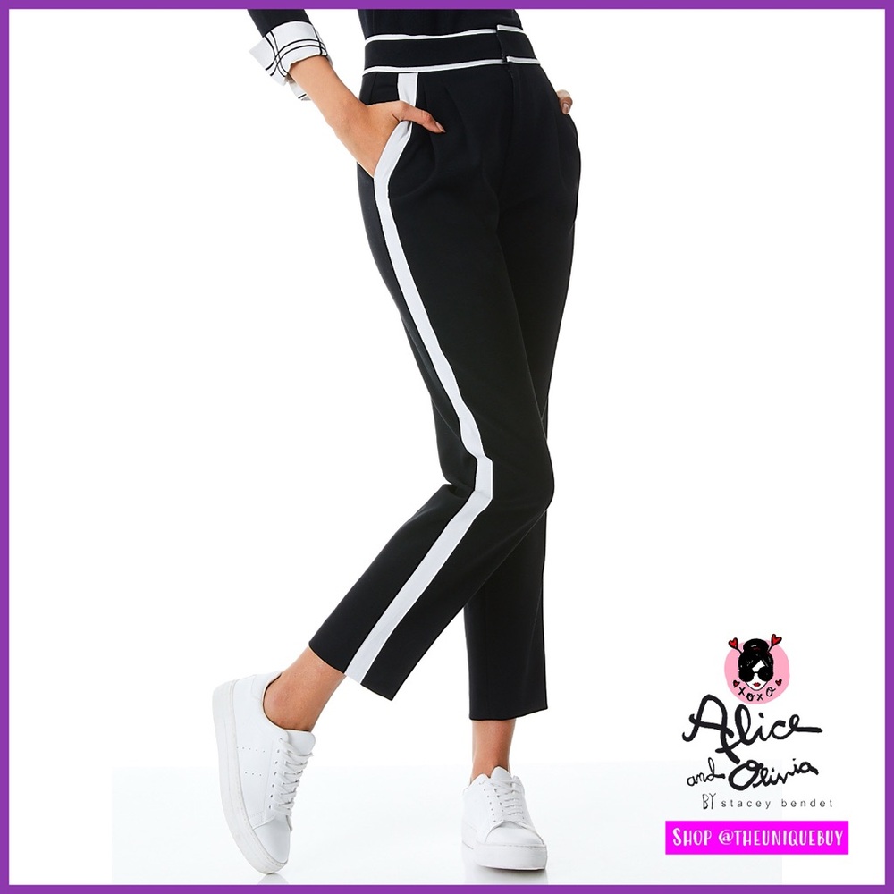 Alice + Olivia Esta Black Off White Pleated Slim Ankle Pant